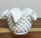 Vintage FENTON Milk Glass Ruffled Edge Hobnail Vase Bowl Votive 3" x 4.25"