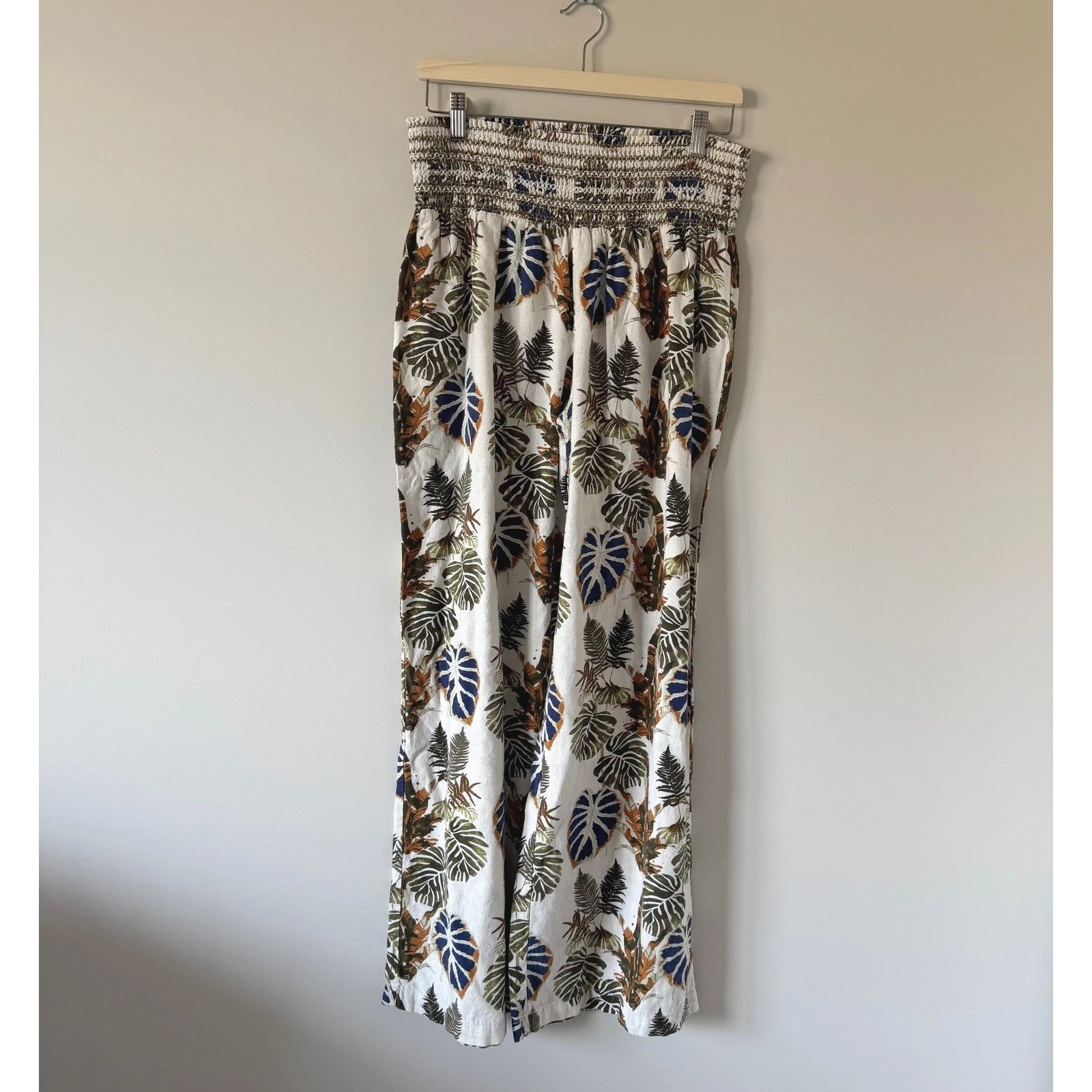 Dahui Hawaii Tropical Monstera Leaf Print Smocked Waist Wide Leg Linen Pants XL