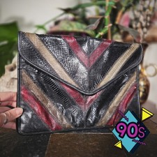 Vintage 90s Snakeskin Leather Clutch Chevron Envelope Purse Bold Evening Bag