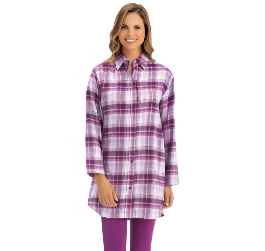 Collections Etc Medium Purple Plaid Button Down Long Tunic Shirt