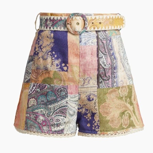Zimmermann Anneke Belted Patchwork Paisley Linen Shorts Floral Size 1 2/4 Womens - Picture 2 of 15
