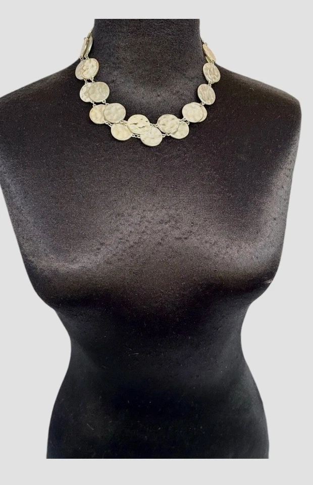 "Collar Chicos llamativo cadena larga de plata martillada discos redondos 39""" Foto 3 de 4