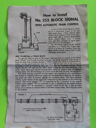 Lionel Number 253 Block Signal Instruction Paper Dated 10-56