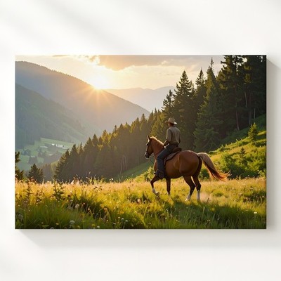 Golden Hour Ride Canvashorse & Rider In Alpine Meadow Sunset Wall Art
