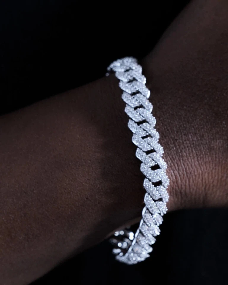 Brazalete de eslabones cubanos de plata 925 con diamantes creados en laboratorio de 6 quilates para hombre de 2 filas de 10 mm x 7 pulgadas Foto 4 de 4