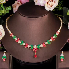 Gold Plated Red Green Leaf Drop Cubic Zircon Necklace Earrings Women Jewelry Set