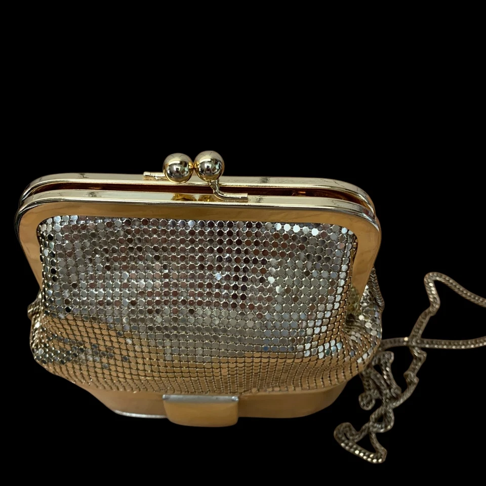 Cartera vintage de malla dorada Whiting and Davis parte inferior de cuero 2 compartimentos espejo Foto 2 de 4