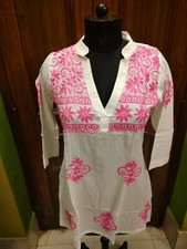 XS 37" TOP KURTA KURTI TUNIC HANDMADE 100 COTTON ETHNIC CHIKAN EMBROIDERY DRESS