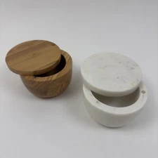 Williams Sonoma Olivewood & Marble Salt Cellars Salt Keeper Bowls Swivel Top Set