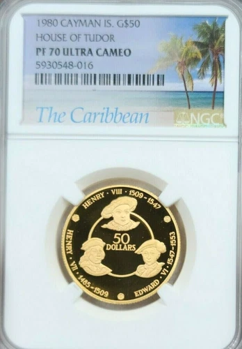 1980 CAYMAN ISLANDS GOLD 50 DOLLARS HOUSE OF TUDOR NGC PF 70 ULTRA CAMEO PERFECT