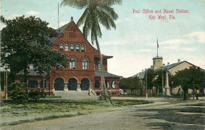 Postcard Post Office & Naval Station, Key West, Florida - used in 1909