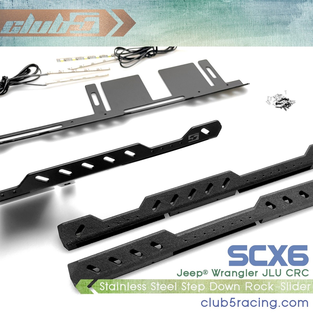 SCX6 Jeep JLU Rock Sliders Black Anodized w/ Courtesy Lights