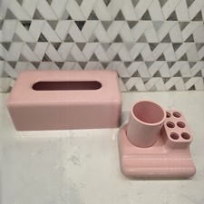 Vintage Pink Mauve Plastic Bathroom Set Tissue Cover, Toothbrush Holder, Cup