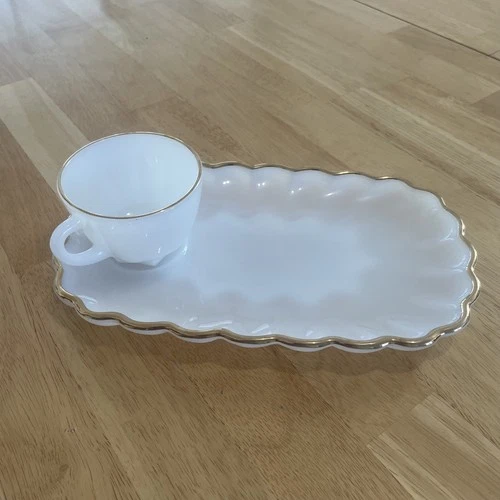 Vintage Anchor Hocking 22K Gold Trimmed Milk Glass Snack Set – Tray & Cup