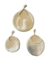 3 Bohemian Hanging Wall Baskets w Loops Crochet Handmade Organizer