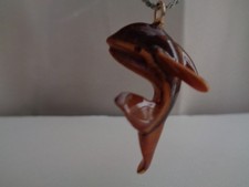 Hawaiian Jewelry Koa Handcarved Wood Dolphin Pendant Necklace with 18 inch Chain