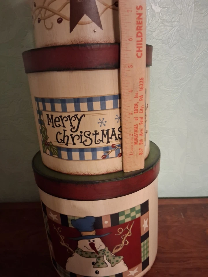 Christmas Round Nesting Stacking Storage Box Set 3 Pc Snowman Primitive NEW - Image 3 of 4