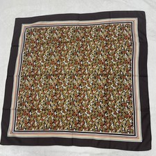 Vtg Floral Scarf Brown Orange 26" Square Cottage MidMod Retro Striped Border