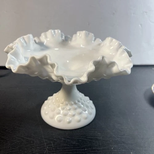 VTG Fenton Hobnail Milk Glass Compote Footed Candy Dish Ruffled Edge. BIN R #874