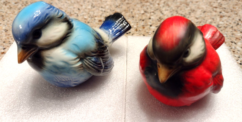 Goebel CV-74 Birds Duo (2), W. Germany, Blue Jay & Cardinal, 2 1/2" h, Vintage