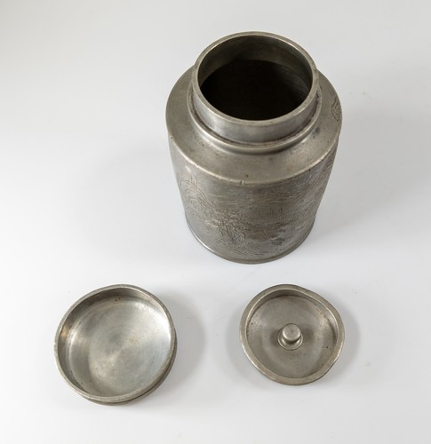 Antique Chinese Engraved Pewter Tea Caddy Covered Jar Landscape Calligraphy - Picture 10 of 19