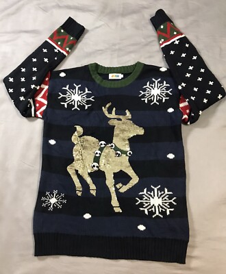 Christmas Sweater Womens Medium Blue Reindeer Sequin