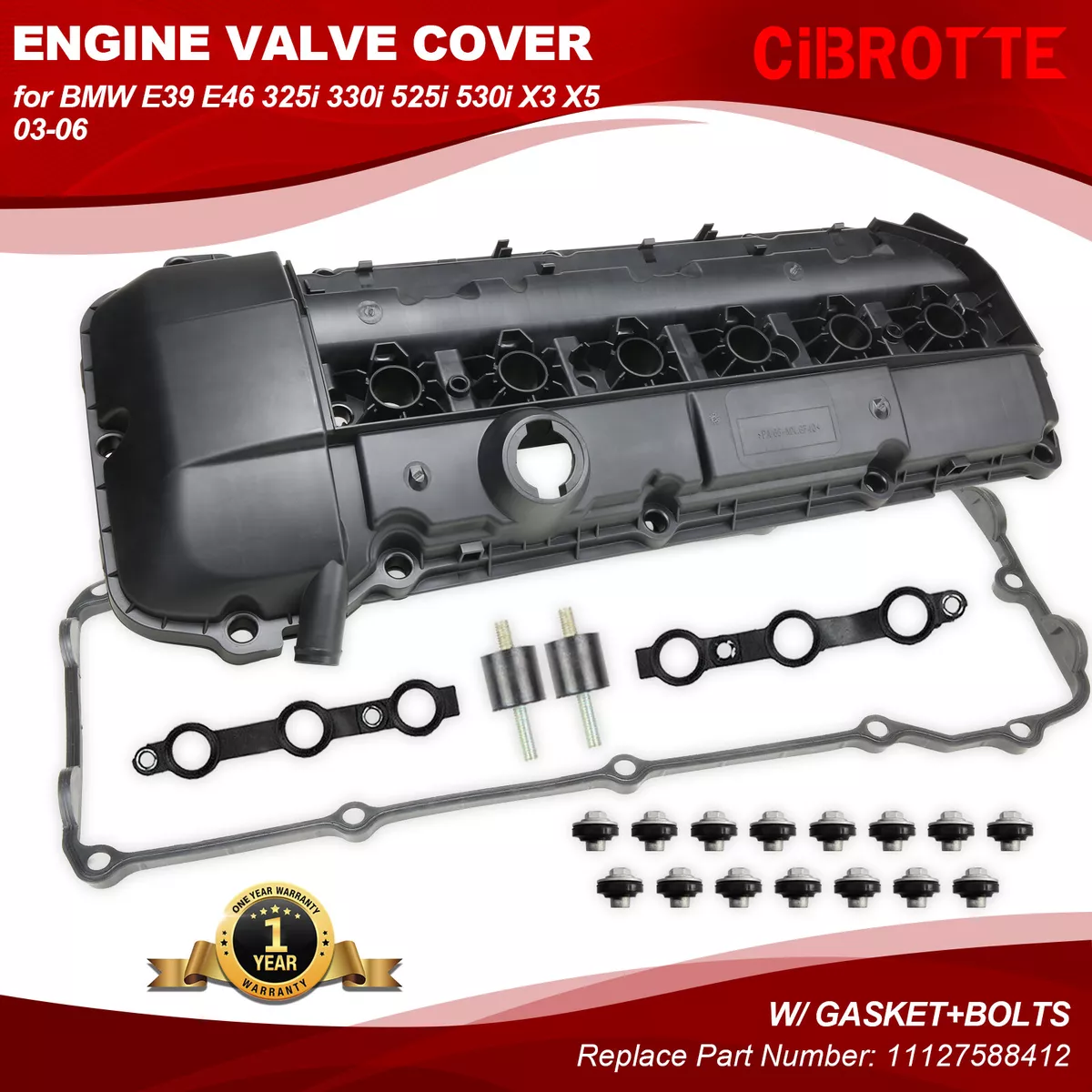 Fits 03-06 BMW E46 E49 325i 330i 530i X3 2.5L 3.0L Valve Cover w/ Gasket &  Bolts