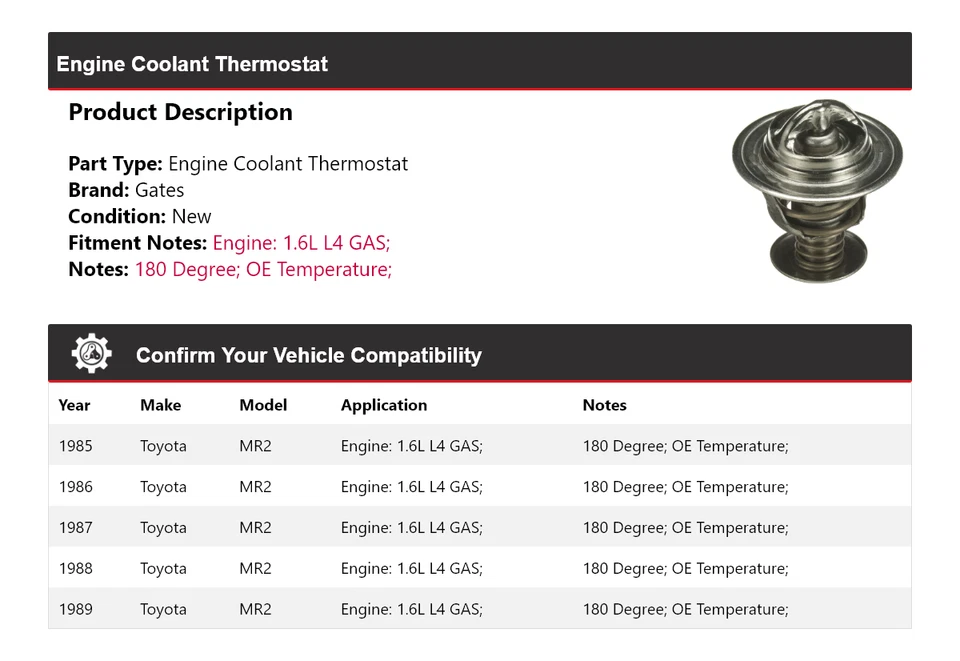 Para Toyota MR2 1985-1989 1.6L L4 Motor Gas Refrigerante Termostato Puertas 1986 1987 Foto 2 de 4