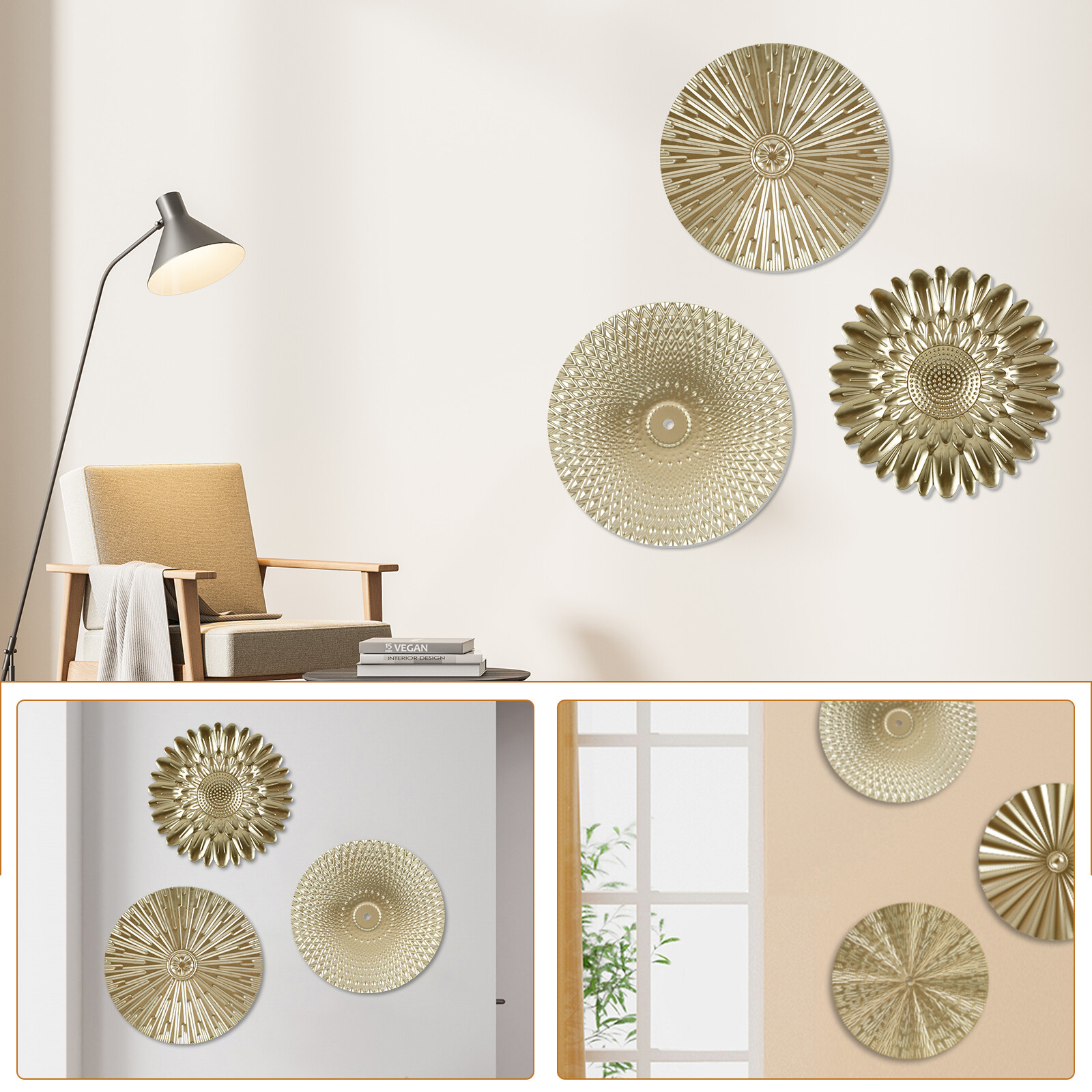 3Pcs Metal Plate Wall Decor Gold Disc Wall Art Modern Style Abstract