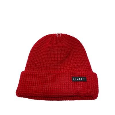 Yea.Nice Beanie Soft Acrylic Cherry Red Folded Waffle Weave Beanie 
