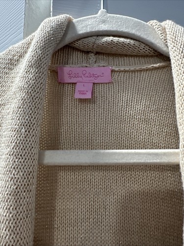 Lilly Pulitzer Abbott Sweater Vest Beige Khaki Fringe Tassels Metallic Woman’s L - Picture 2 of 4