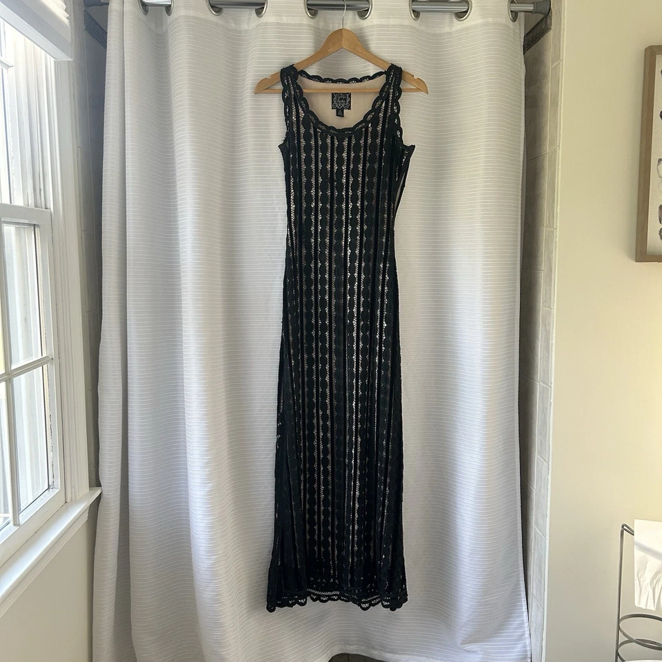 Maxi Vestido Sin Mangas Vintage Años 90 Avant Garde Cynthia Rowley Negro Hecho a Mano Talla Pequeña  Foto 4 de 4