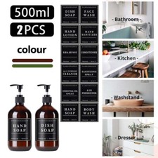 2X Shower Soap Lotion Dispensers with 12 Labels Shampoo Dish Empty Pump Bottles