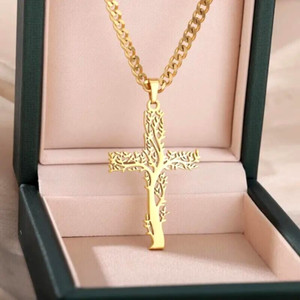 Authentic Gold Plated Cross Branch Tree Of Life Pendant Necklace Jewelry Men Women