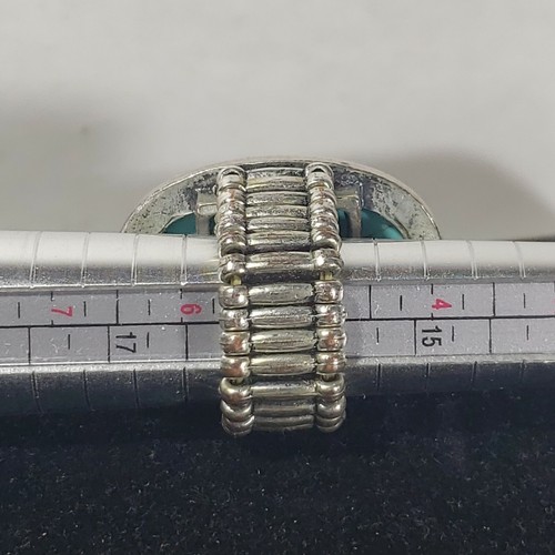 Turquoise Ring Silver Tone Elastic Band Size 5 - 9 Tested Turquoise - Picture 6 of 7