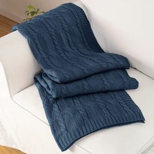 Dark Slate Blue Knit Throw Blankets Oversized Cable Knit Decorative Throw Bla...