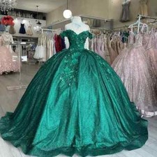 Emerald Green Glitter Quinceanera Dresses 3D Flowers Ball Gown Sexy Off Shoulder