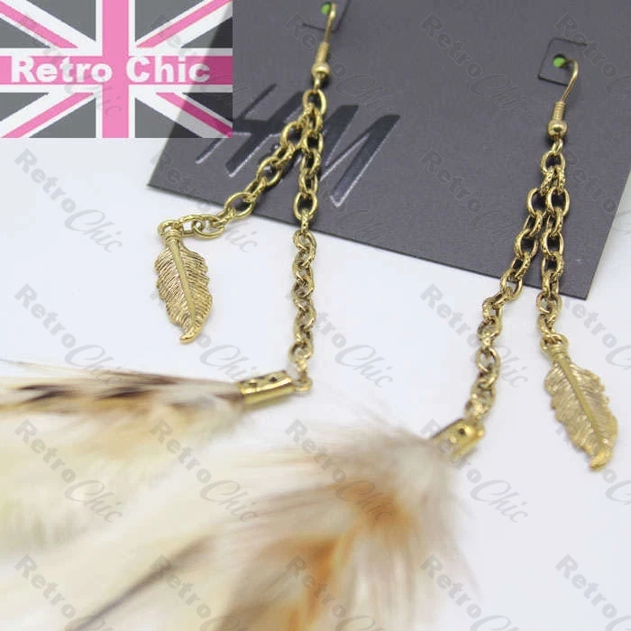 LONG chain FEATHER festival BOHO natural/brown/cream VINTAGE BRASS/GOLD feathers — 第 2/3 张图片