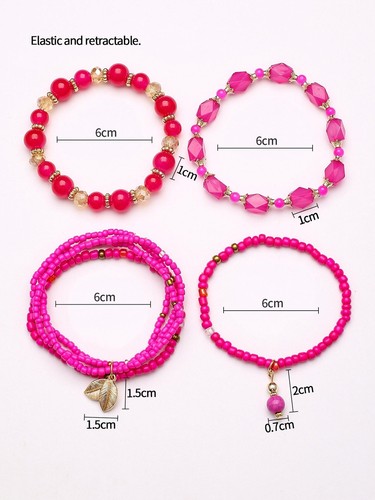 4pcs Leaf Charm Hot Pink Set Beaded Bracelet Women Bracelet Stackable Bracelet - Picture 5 of 5