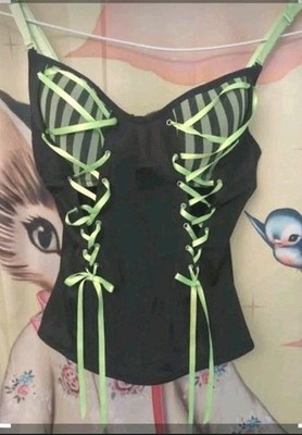 Morbid Threads M/38C corset/Bustier Black & Green W/Ribbons & Suspenders