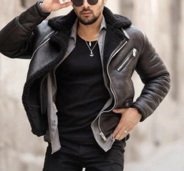 B3 Bomber Military Black Fur Leather Jacket for Men - Image 2 of 4