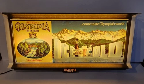 Vintage Olympia Brewing Beer Lighted Bar Advertising Sign Waterfall Scene Works