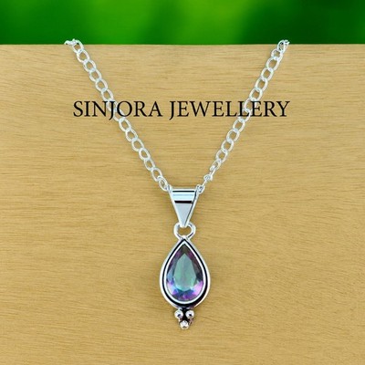 Mystic Topaz Gemstone 925 Sterling Silver Jewelry Handmade Pendant 18''