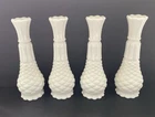 4 Vtg White Milk Glass Bud Vase Pineapple Diamond Pattern Bottom Ribbed Top 9"