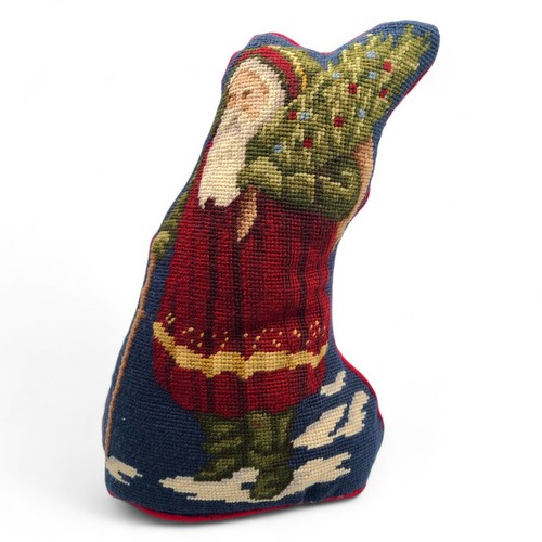 Vtg Wool Needlepoint Standing Santa Pillow 13" Christmas Decor Red Velvet Back