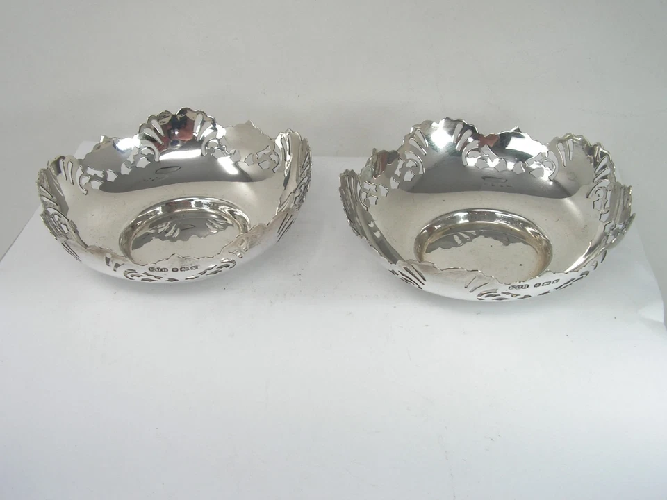 ANTIGUO PAR ART DECO DE CUENCOS DE PLATOS BON BON DE PLATA ESTERLINA MACIZA 1920 Foto 4 de 4