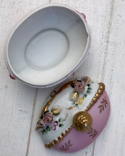 Vtg Porcelain Candy Trinket Dish Pink Roses Gold Pedestal Finial Lid Edwardian - Picture 7 of 14