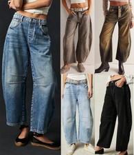 Women Wide Leg Cropped Jeans Y2k Mid Rise Bag...