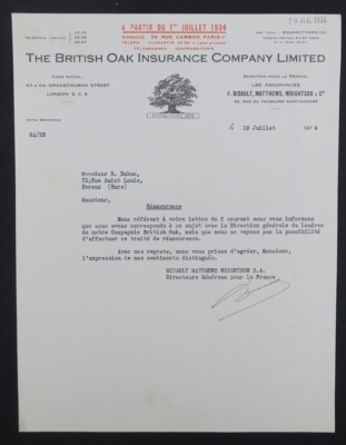 Rechnung PARIS 1934 BRITISH OAK INSURANCE COMPANY illustriert Billhead 106