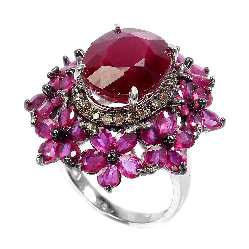 Anillo de plata de ley 925 rubí ovalado 14x12 mm diamantes piedras preciosas joyería hecha a mano 8 Foto 2 de 4